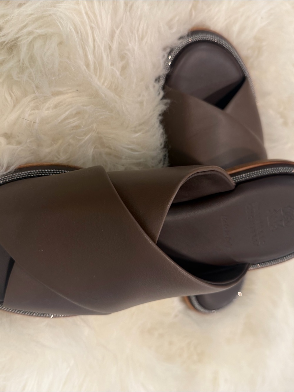 Women's Brown Cross-Band Slide Sandals